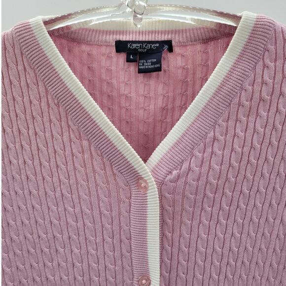 Karen Kane Golf Pink Cream Preppy Old Money Cable Knit Cardigan Jacket Sweater - Picture 6 of 11